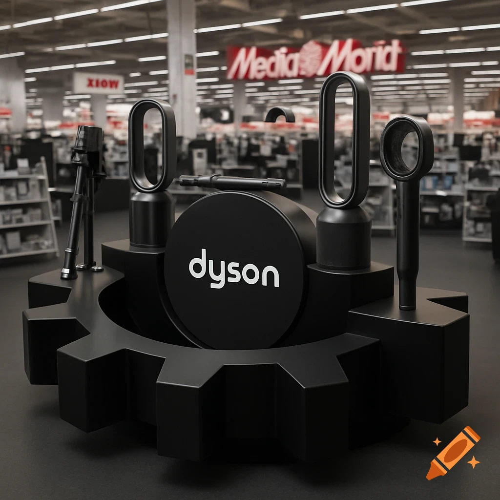 A black Dyson product display shaped like a gear with various Dyson products on top, set in a retail store environment.