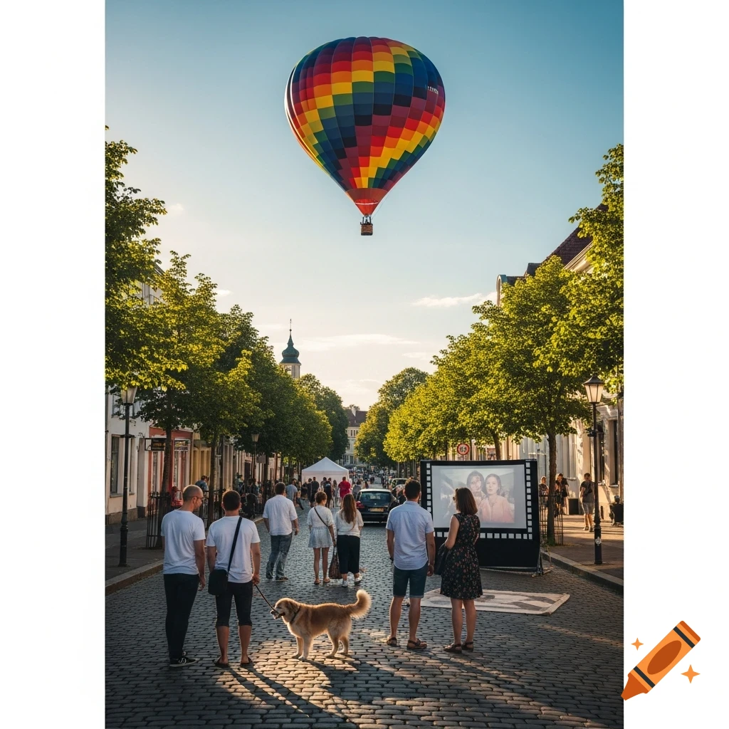 A colorful hot air balloon floats above a bustling cobblestone street with people, a dog, and an outdoor cinema screen showing faces, under a sunny sky.