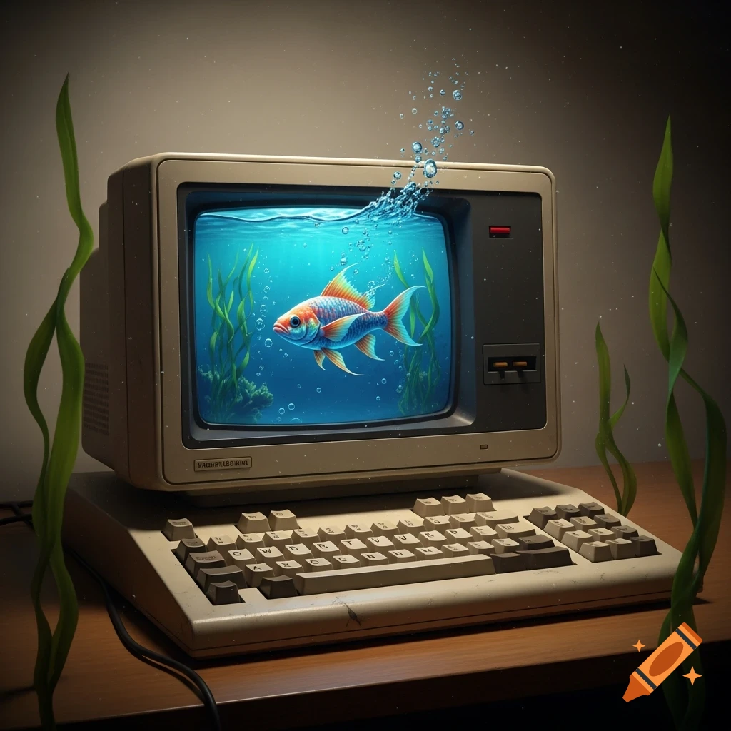 A vibrant fish swims in a retro computer monitor filled with water and seaweed, with green plants growing around the desktop setup.