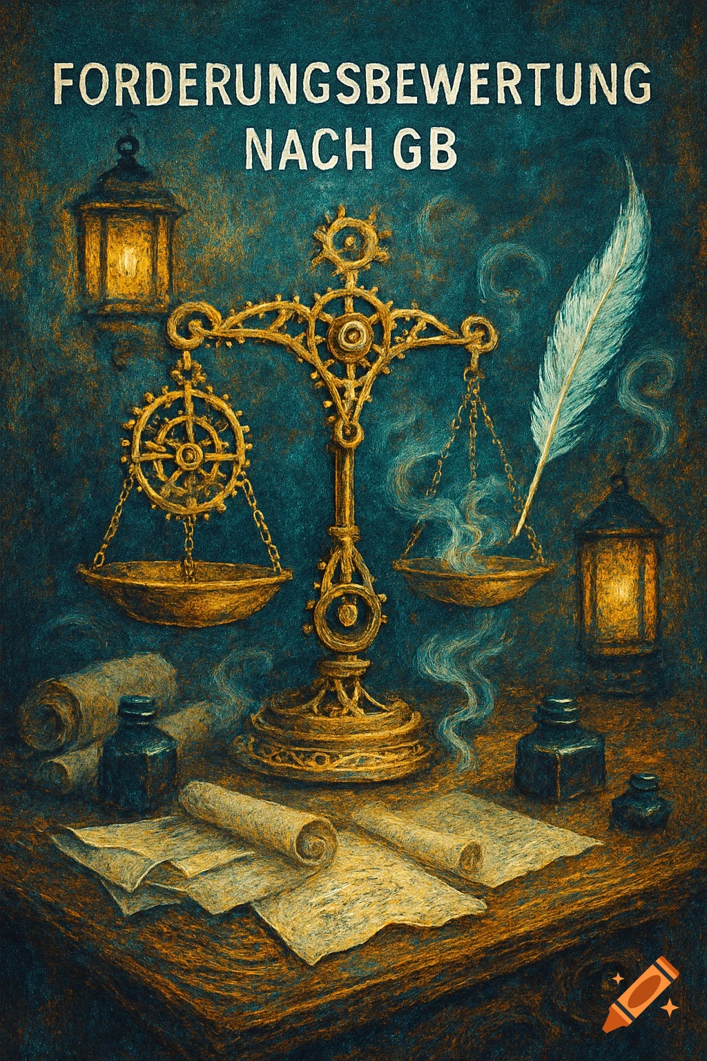 Vintage style illustration of a golden balance scale, quill, ink bottles, and rolled papers on a table, with German text.