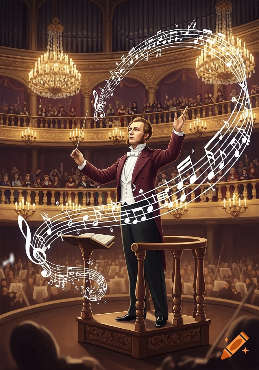 An illustrative image of a male conductor in a maroon tailcoat leading an orchestra in a grand concert hall, with musical notes swirling around him.
