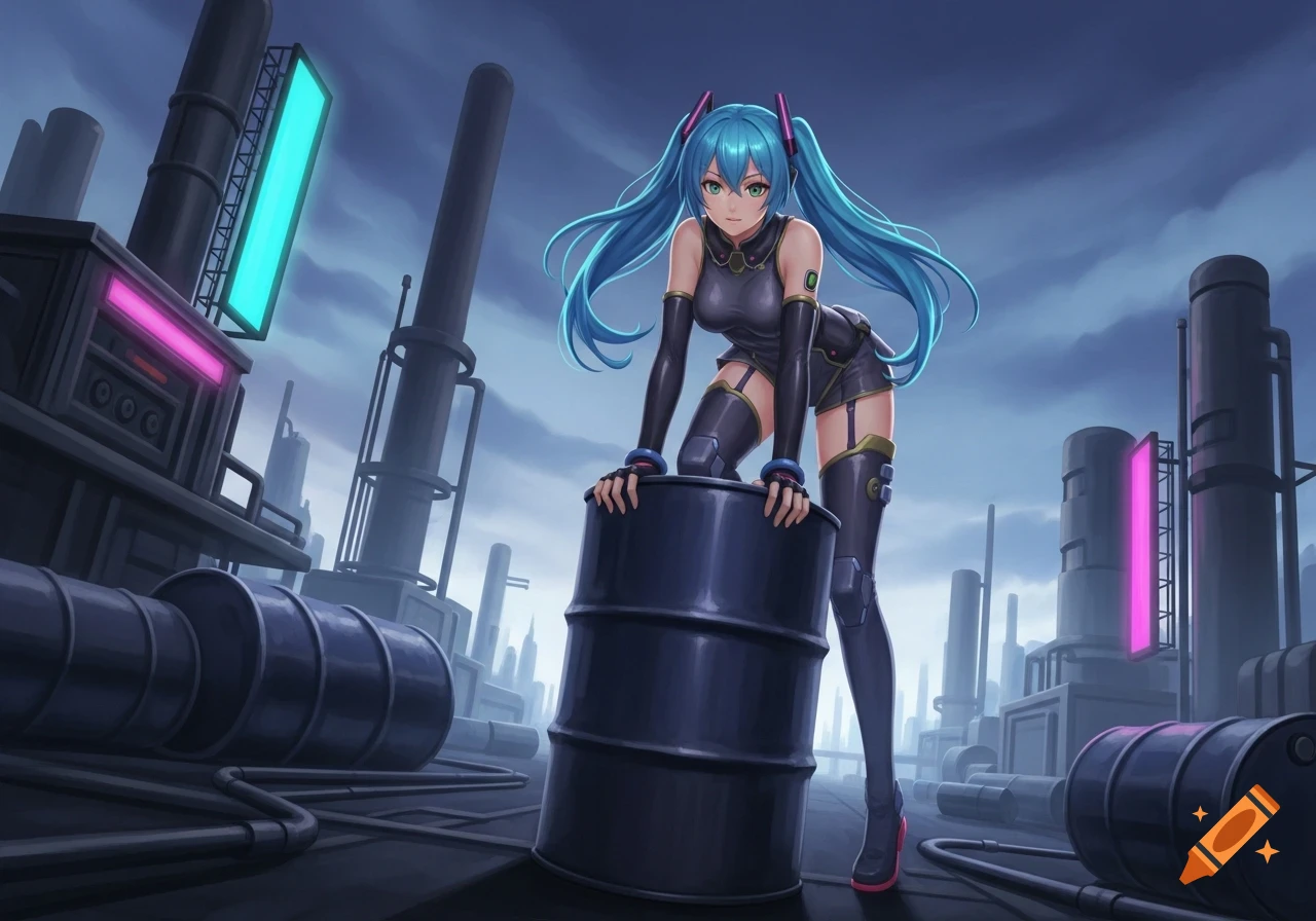 An anime woman with long blue twintails and a dark outfit leans over an oil drum on an industrial rooftop under a cloudy sky.