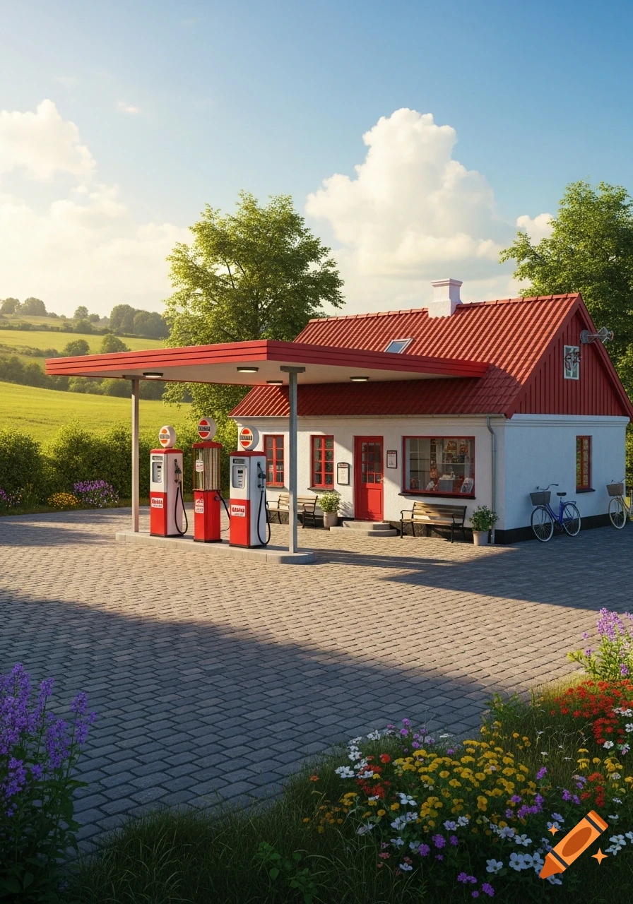 Photorealistic image of a charming vintage gas station with red pumps and a red-roofed building in a sunny rural landscape with green hills.
