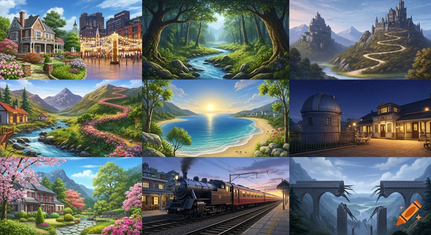 A panoramic collage of nine stylized scenes including houses, a city, a forest, a beach, mountains, a castle, a train station, and a broken bridge, all in a vibrant, illustrative style.