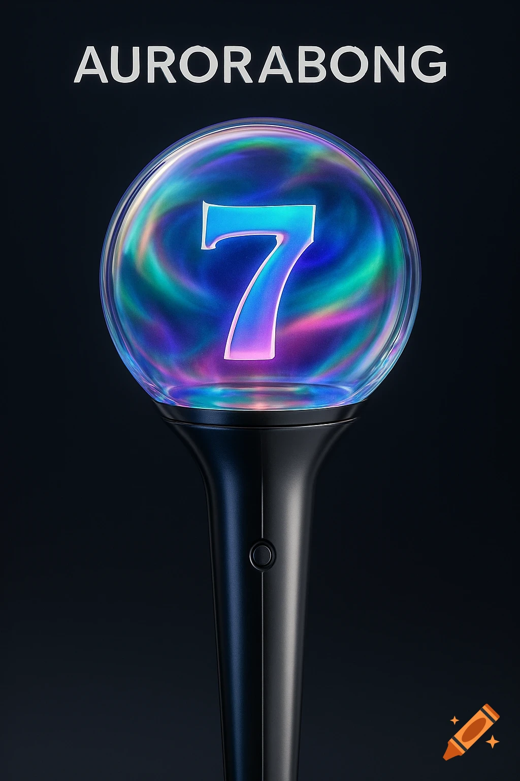 A black lightstick with a transparent sphere containing a glowing number 7 and colorful aurora-like swirls, against a dark background.
