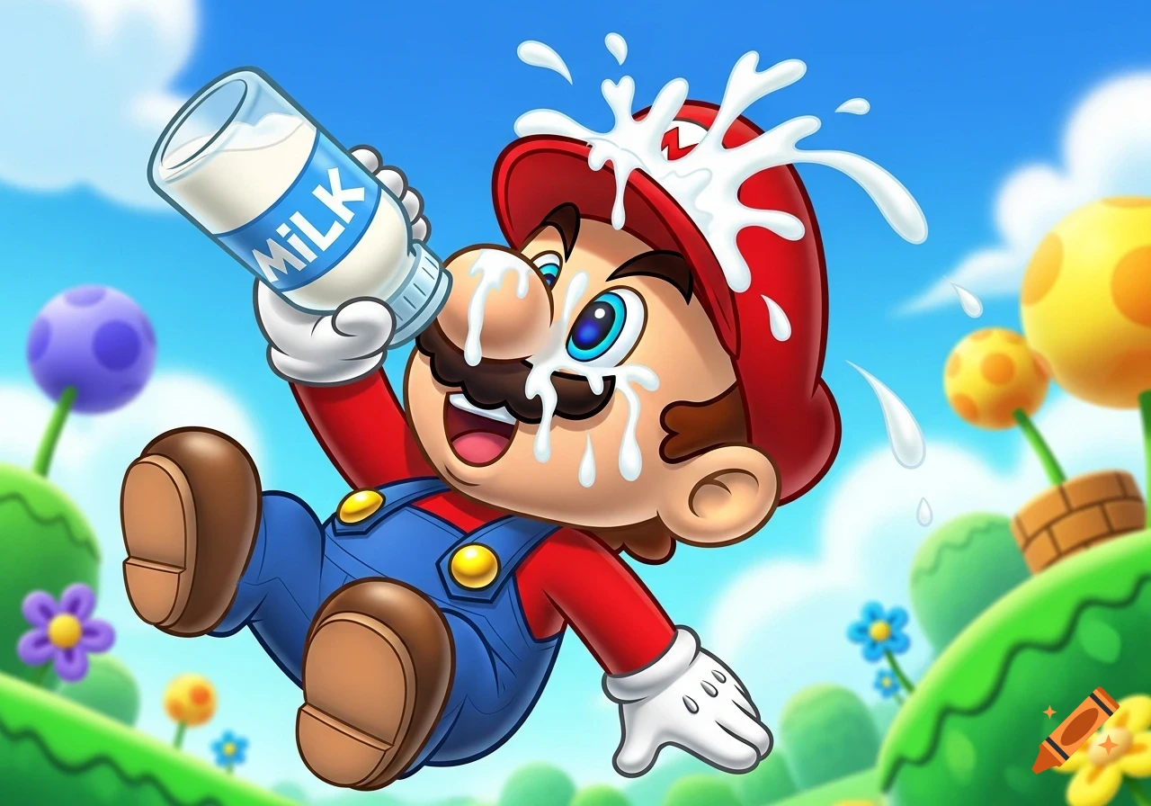 Chibi Mario from Super Mario Bros happily chugging milk from a bottle, with milk splashing over his face and red outfit in a vibrant cartoon style.