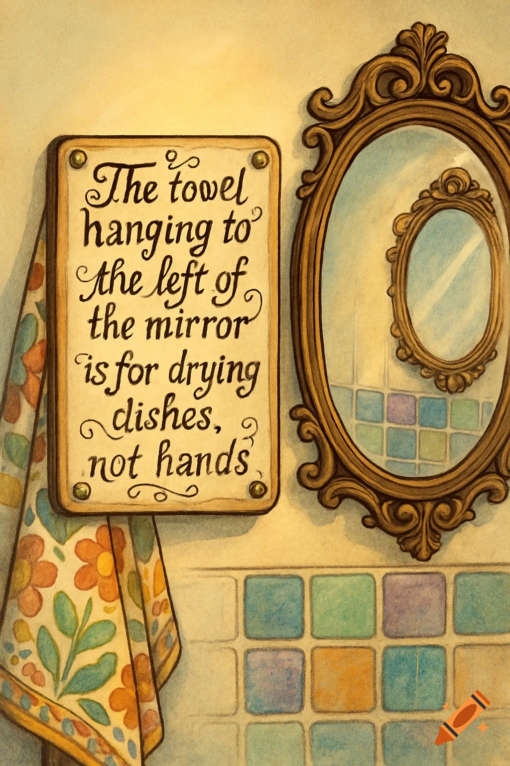 Whimsical illustration of a sign: 'The towel hanging to The left of the mirror is for drying dishes, not hands' next to an ornate mirror and a floral towel, above colorful tiles.