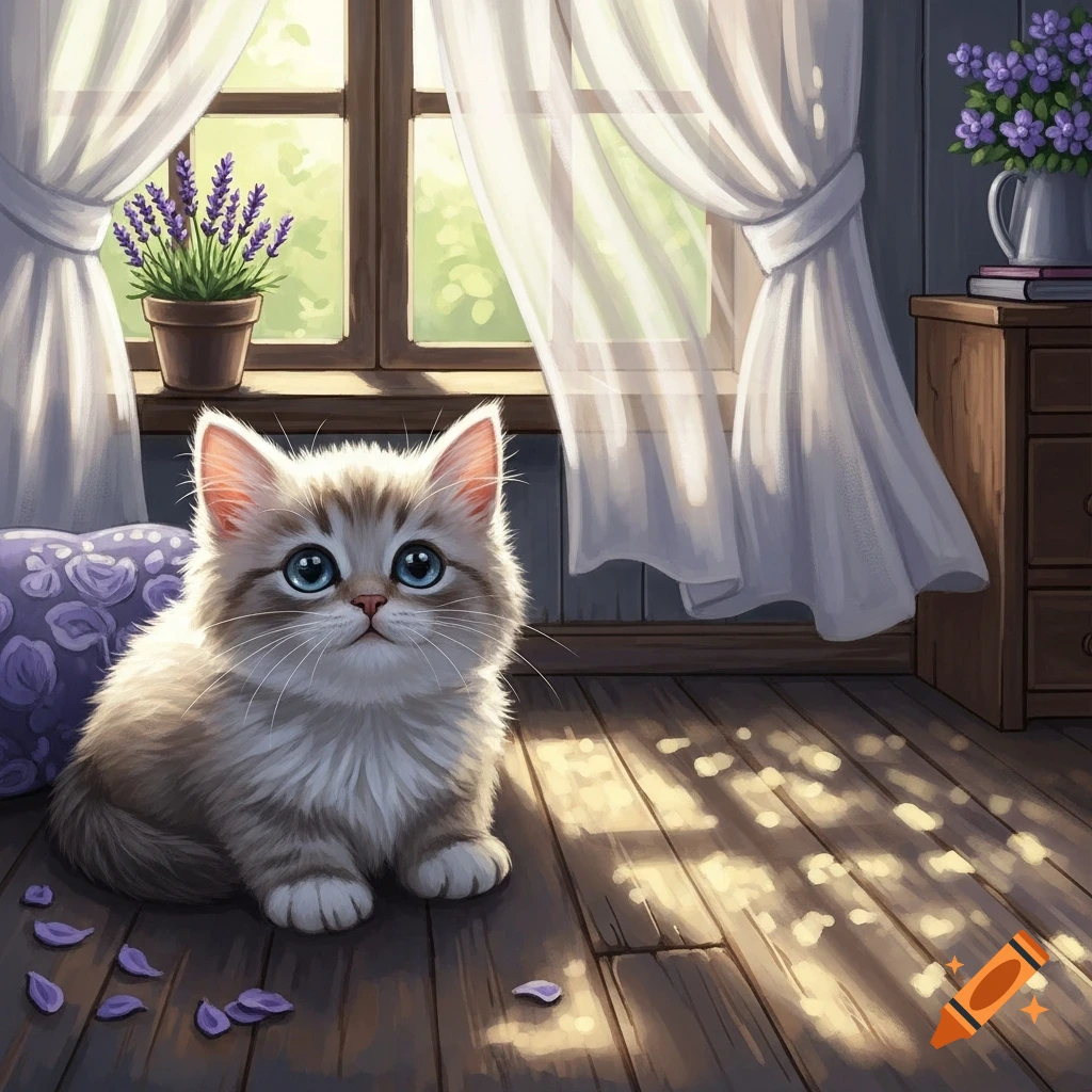 A fluffy kitten with blue eyes sits on a wooden floor in a sunlit room by a window, with lavender plants.