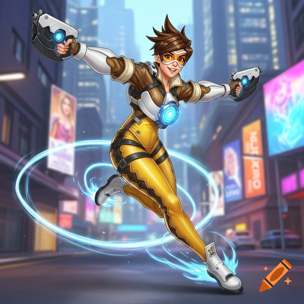 Cartoon Tracer from Overwatch in yellow running with pistols and blue energy trails in a futuristic city.
