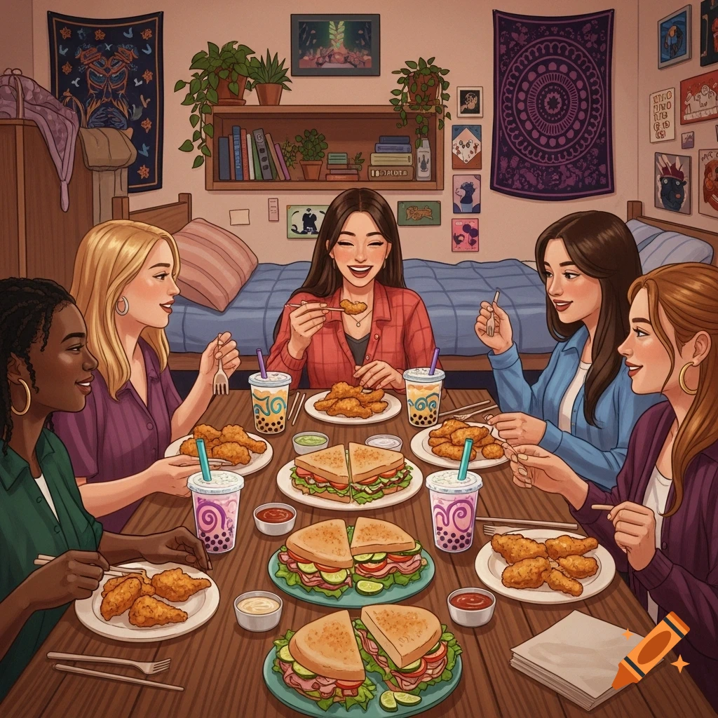 Five diverse cartoon friends share chicken, sandwiches, and boba at a table.