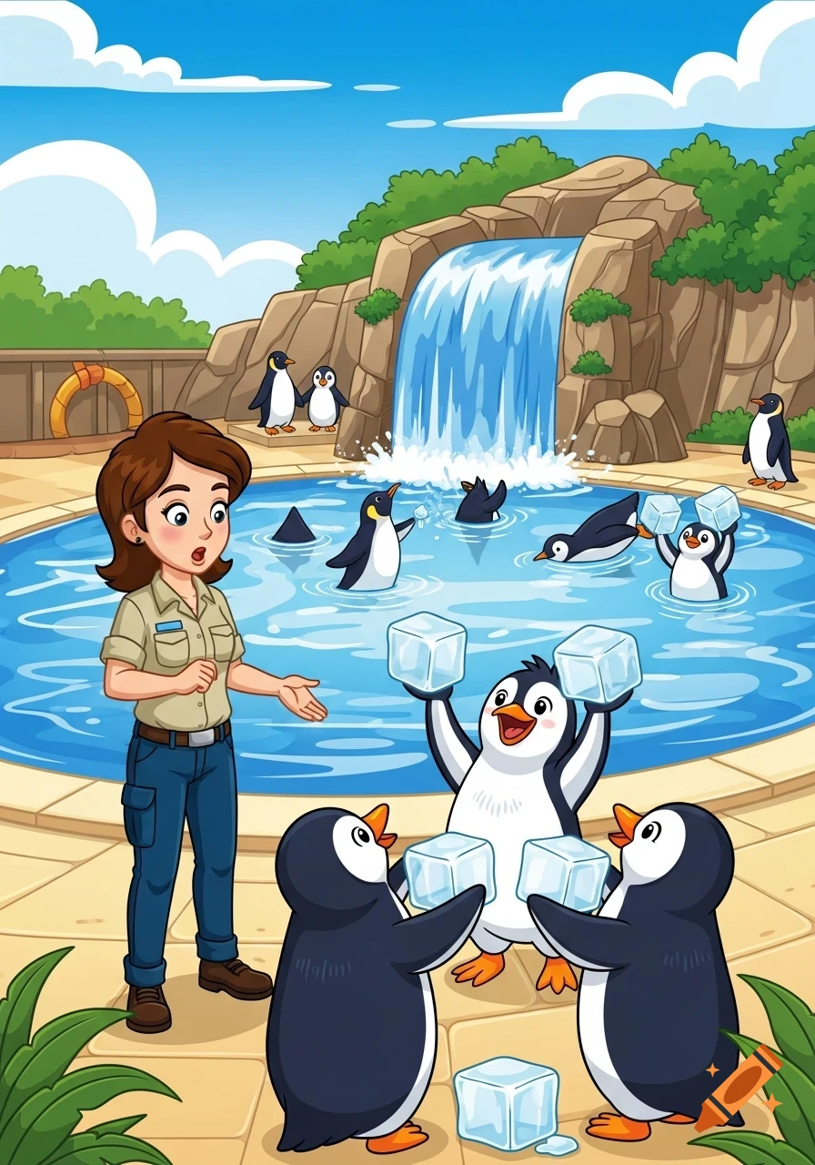 A cheerful zookeeper interacts with playful penguins holding ice cubes in a vibrant cartoon zoo enclosure with a waterfall.
