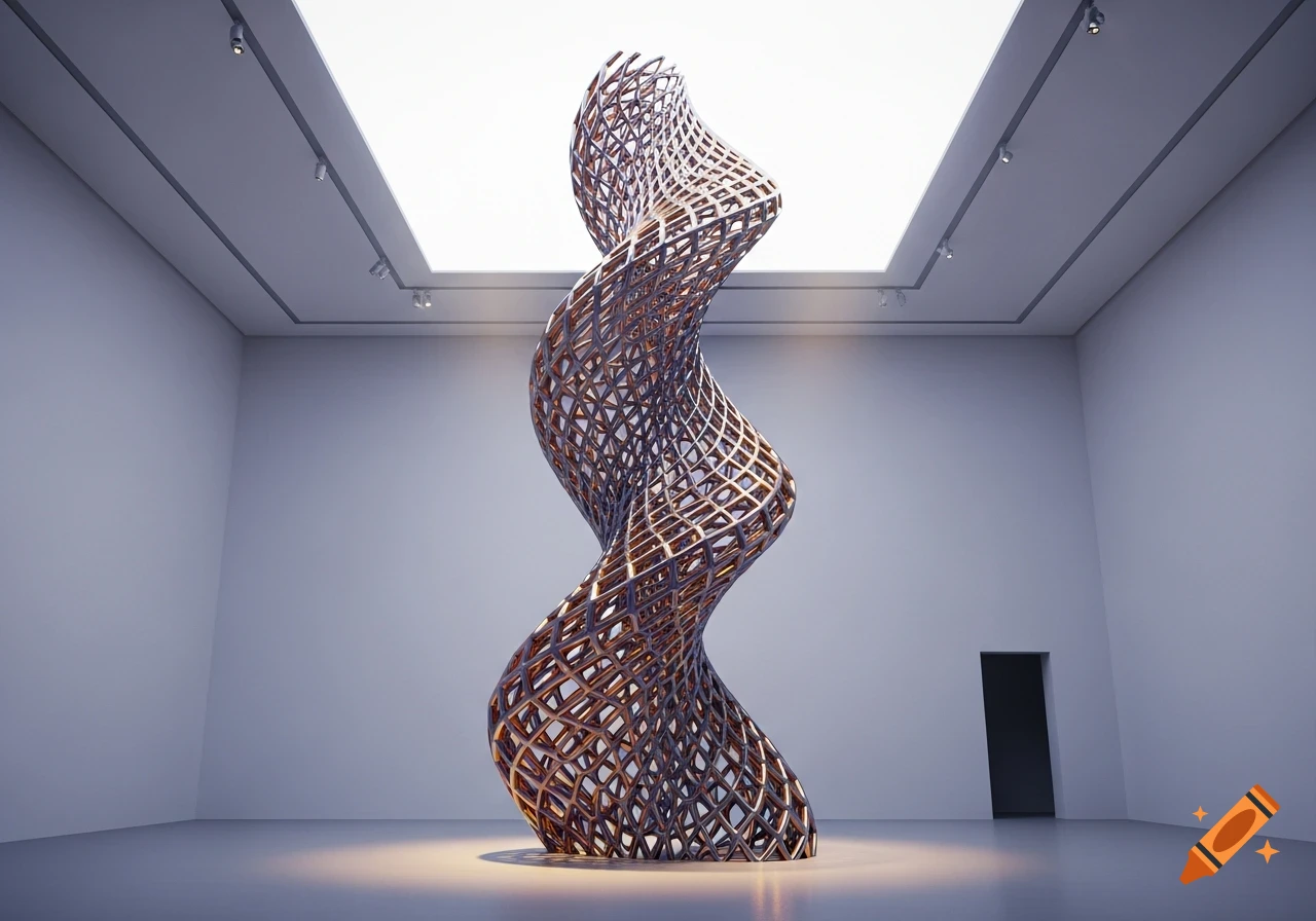 A tall, abstract, wavy lattice sculpture stands in a minimalist white art gallery with a skylight, lit from below.
