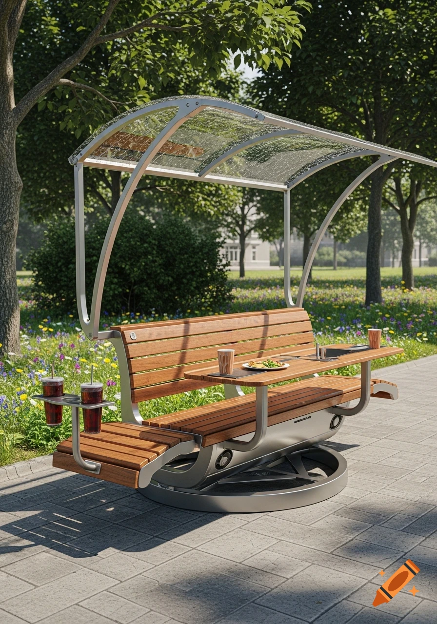 Photorealistic image of a modern wooden park bench with a transparent canopy, side table, and cup holders in a sunny park.
