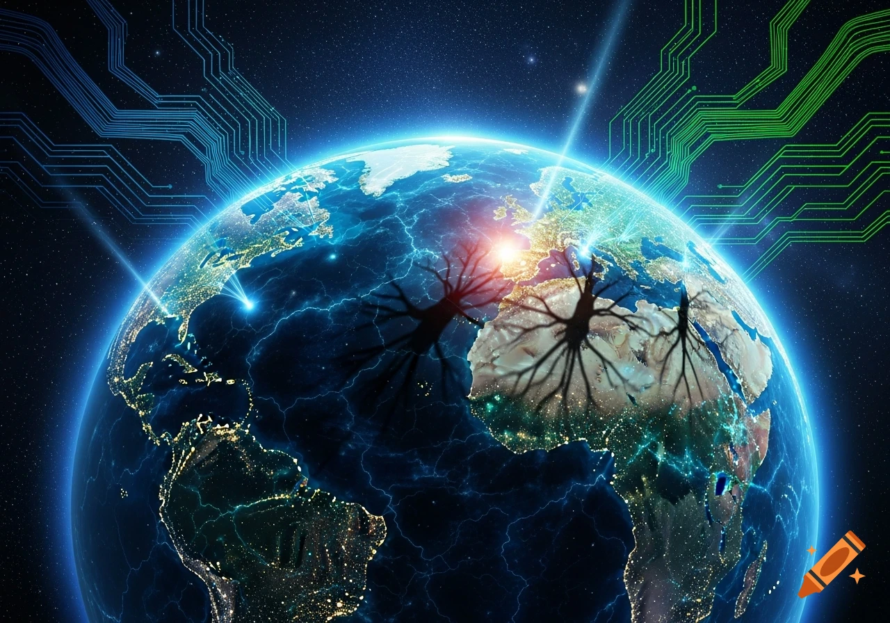 A glowing Earth from space, covered in city lights, blue circuit patterns, and dark neuron-like structures.