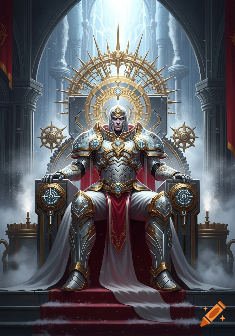 A stern human emperor in ornate white-gold and silver runetek armor with red accents sits on a grand, elaborate throne in an icy cathedral.