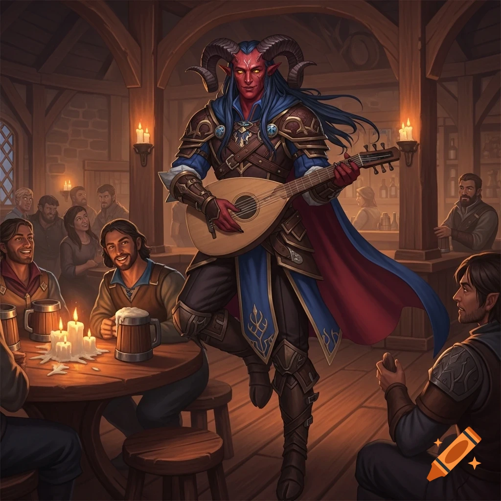 A red-skinned tiefling bard with horns and blue hair plays a lute in a warm, cozy medieval tavern filled with patrons. Detailed fantasy art.