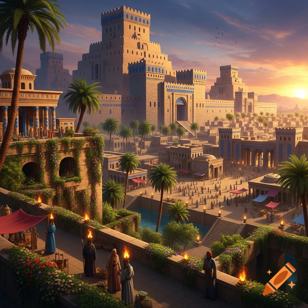 A grand ancient city with terraced buildings, palm trees, and a bustling market under a sunset sky, in detailed digital art.