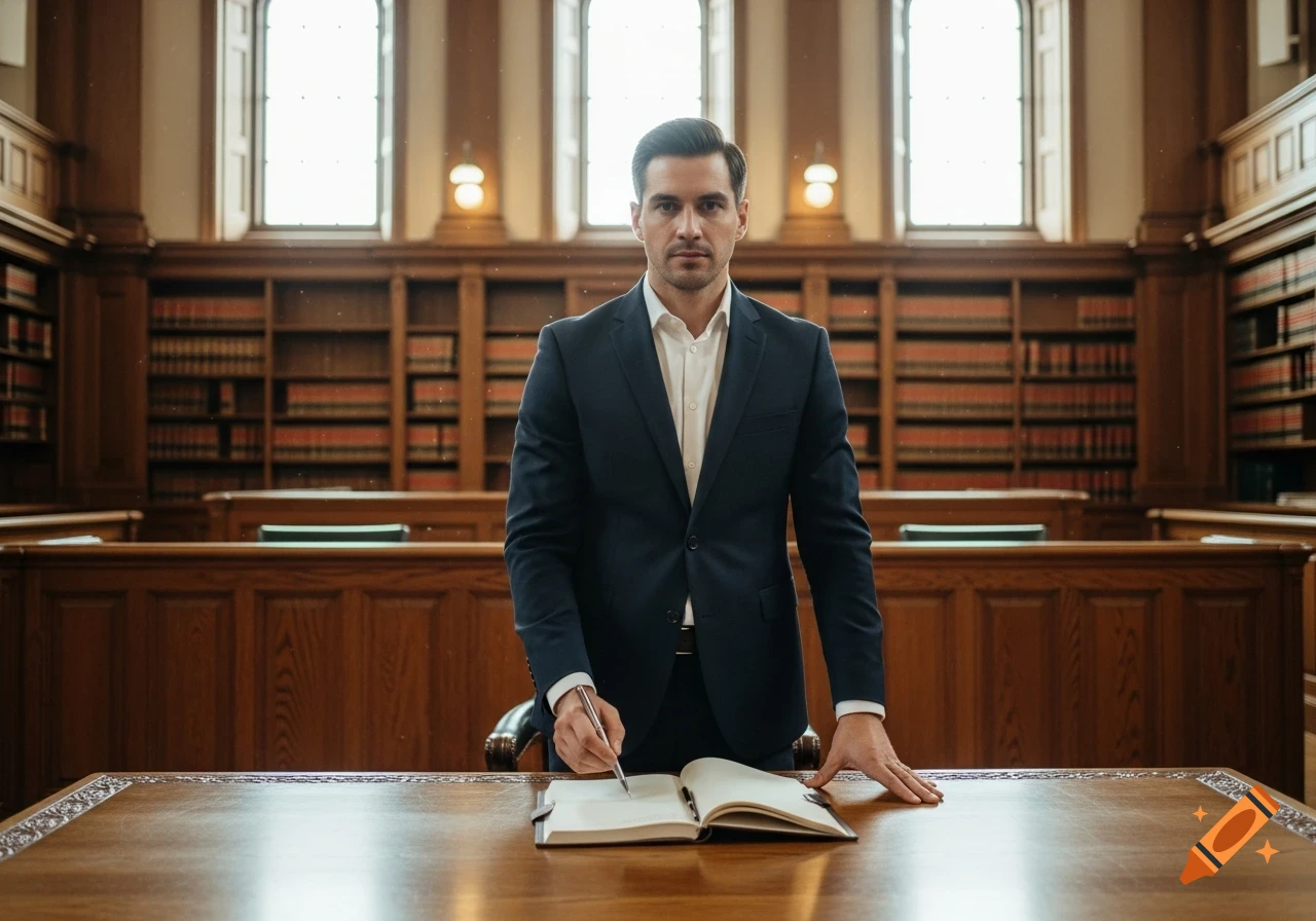 A man in a dark suit stands at a large wooden desk, writing in a notebook within a grand library or courtroom setting.