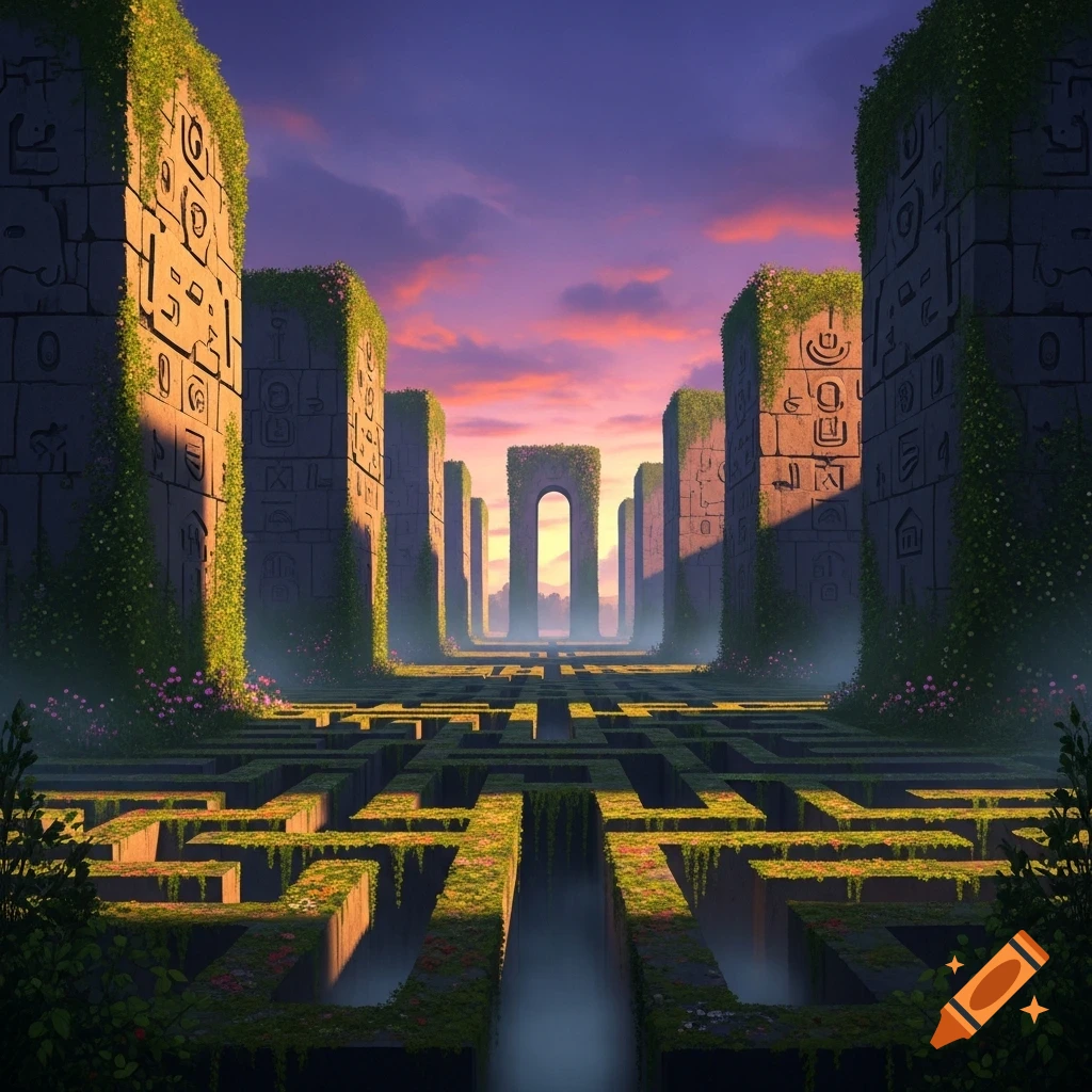 A vibrant digital painting of a massive, overgrown stone labyrinth with ancient carvings, bathed in the light of a purple and orange sunset.