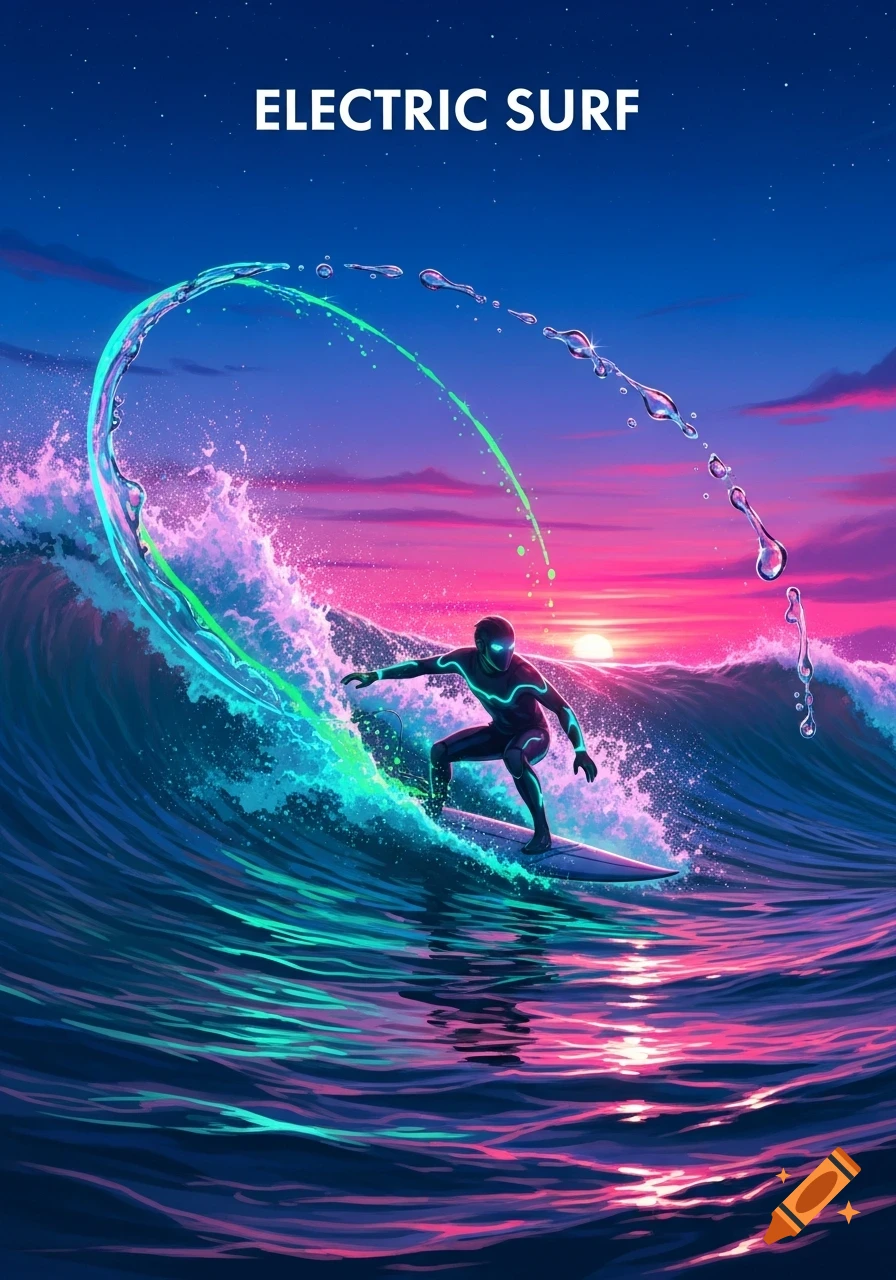 A person in a futuristic suit surfs a glowing blue and green wave at sunset, with 'ELECTRIC SURF' text at the top.