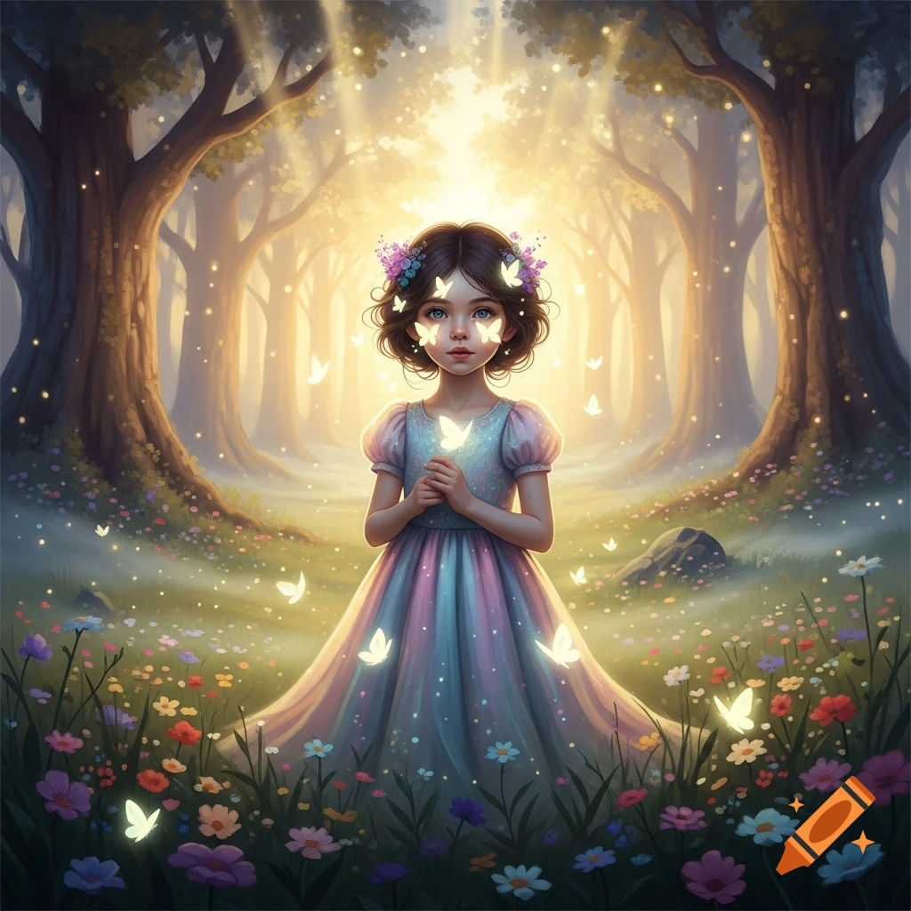 A young girl in a colorful dress stands in a magical forest, glowing butterflies around her. Light streams through the trees.
