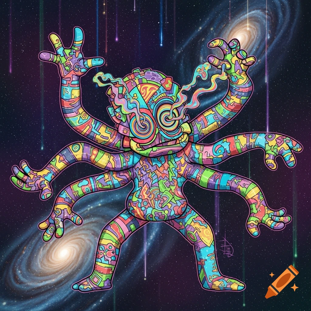 Vibrant psychedelic creature with multiple limbs and swirling patterns, floating in space with galaxies and shooting stars.