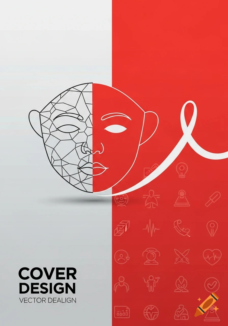 Abstract cover design with a split face; polygonal lines on a gray left, smooth lines on a red right with various white icons.