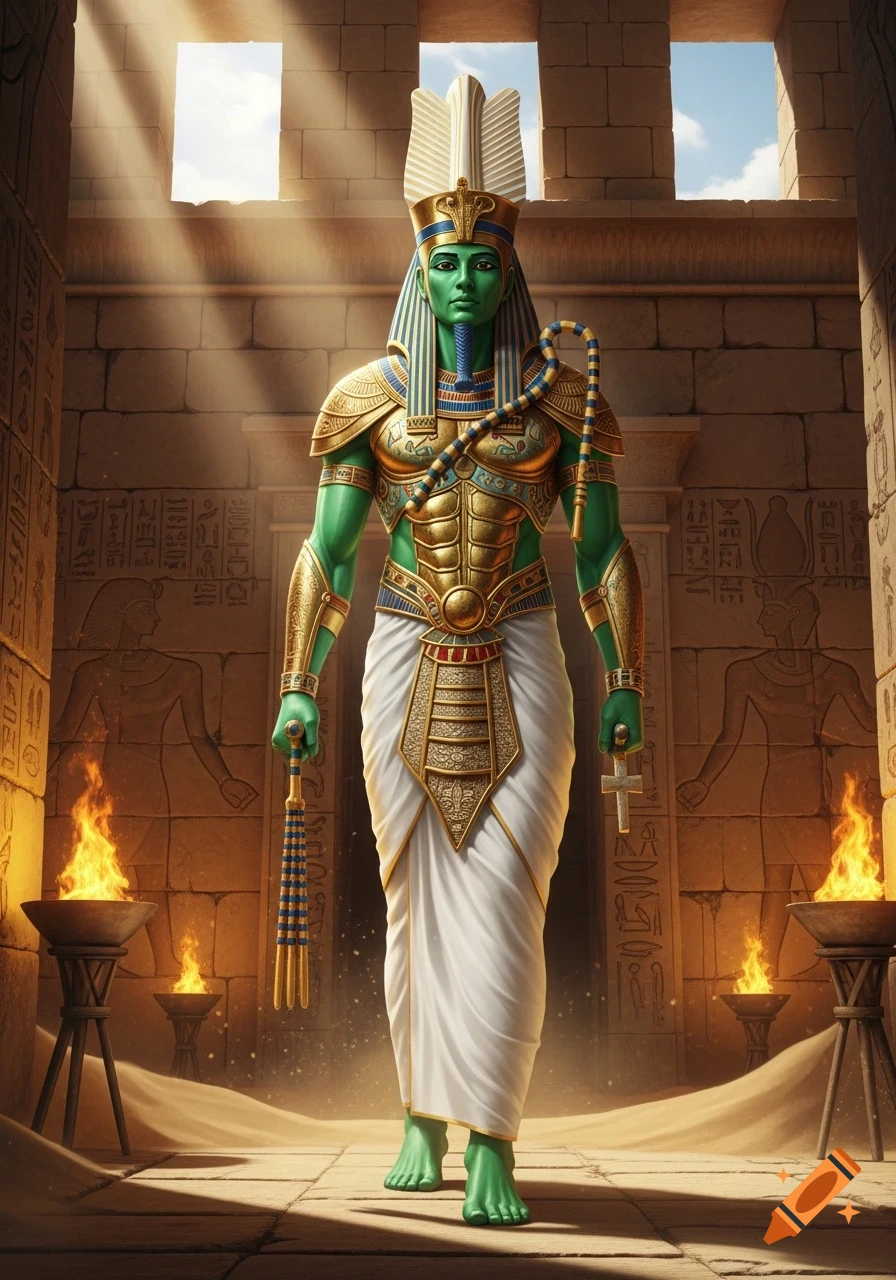 A full-body, hyperrealistic image of the Egyptian god Osiris, depicted with green skin and adorned in gold armor, a white kilt, and an elaborate crown, standing in an ancient stone temple under shafts of sunlight. Hieroglyphs are carved into the walls, and braziers burn with fire on the sand-covered floor.