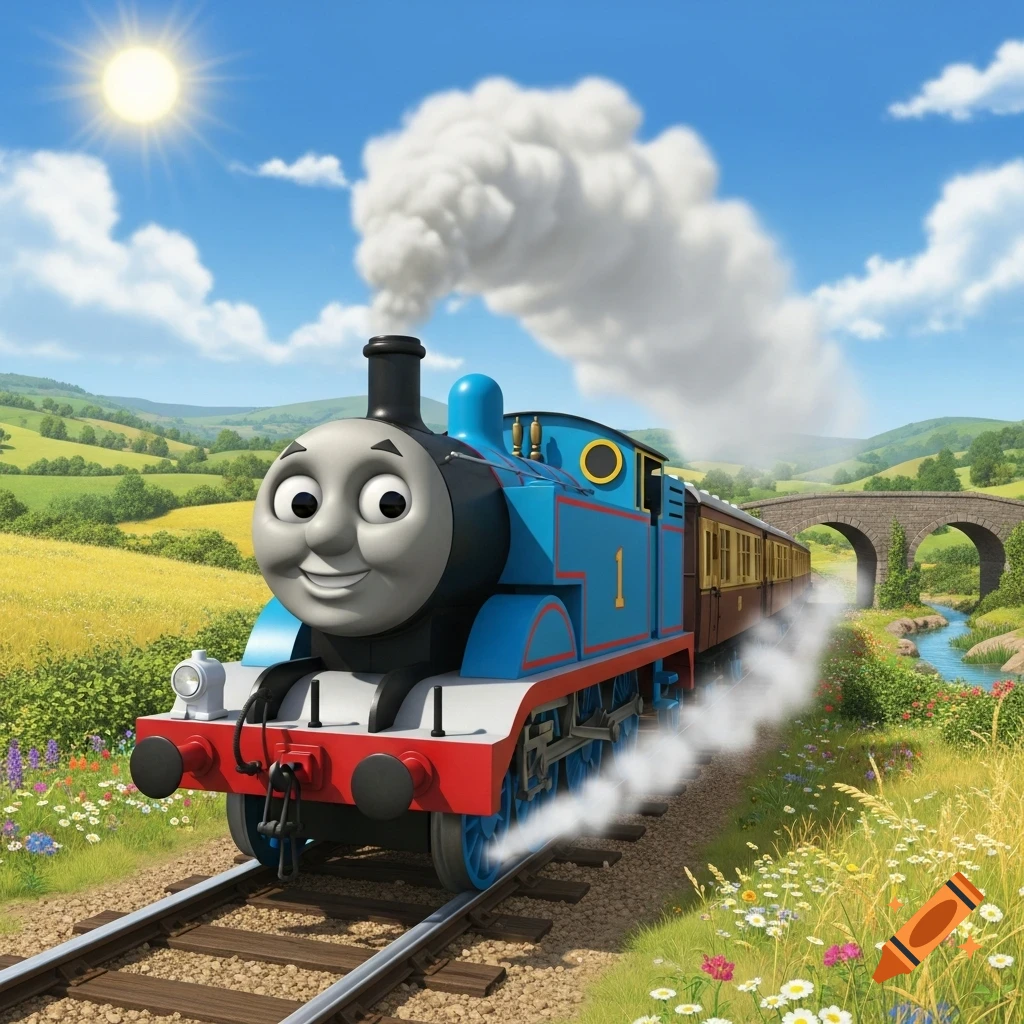Thomas the Tank Engine train smiling, chugging through a green, flowery countryside with a stone bridge in the background under a sunny sky.