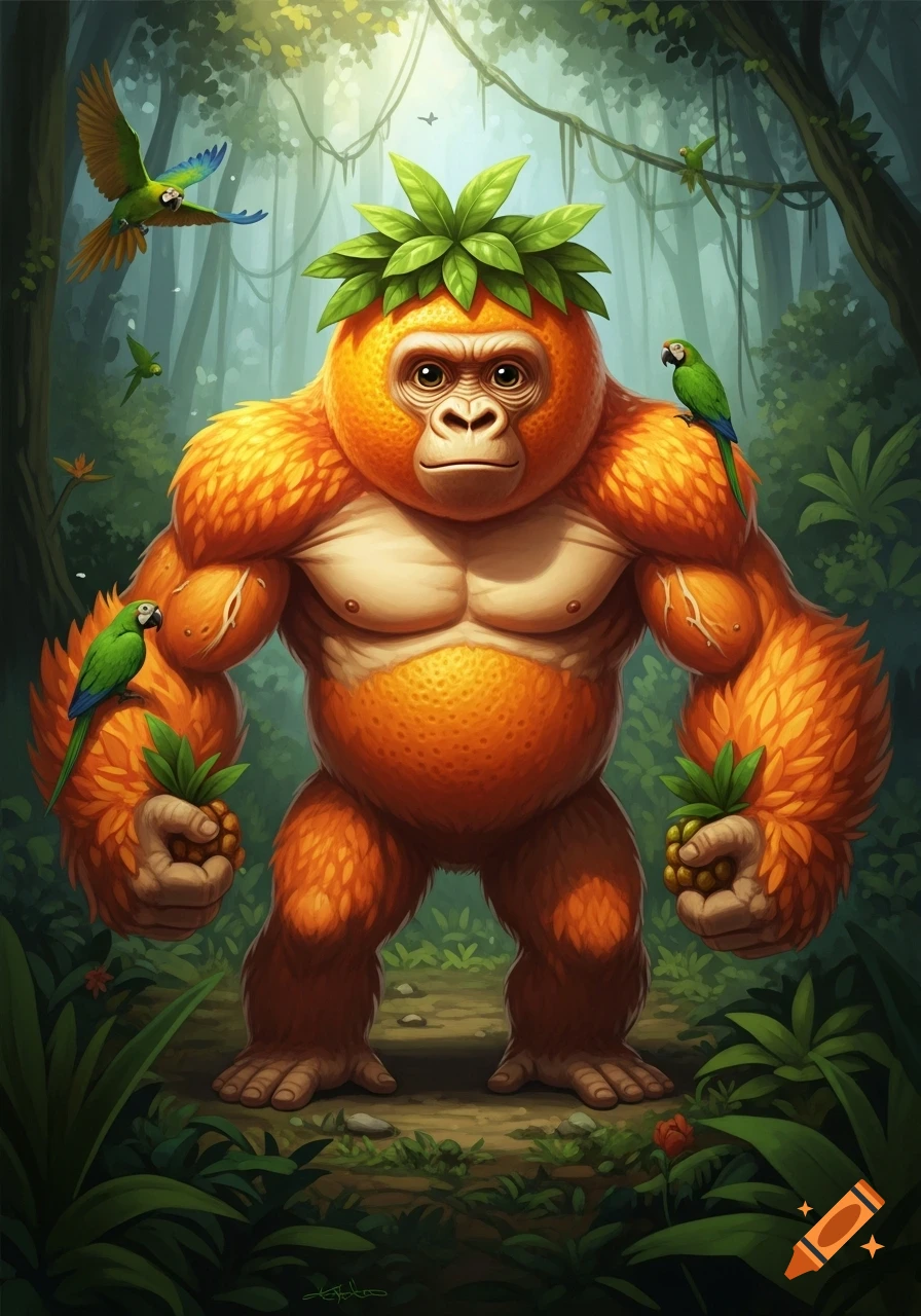 Vibrant cartoon of a muscular, orange-skinned gorilla-like creature with a leaf crown, holding pineapples in a lush jungle with parrots.
