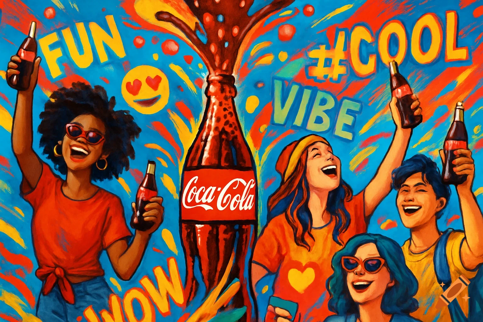 Vibrant illustration of happy diverse young adults celebrating with Coca-Cola bottles against a colorful background with words like 'FUN', '#COOL', 'VIBE'.