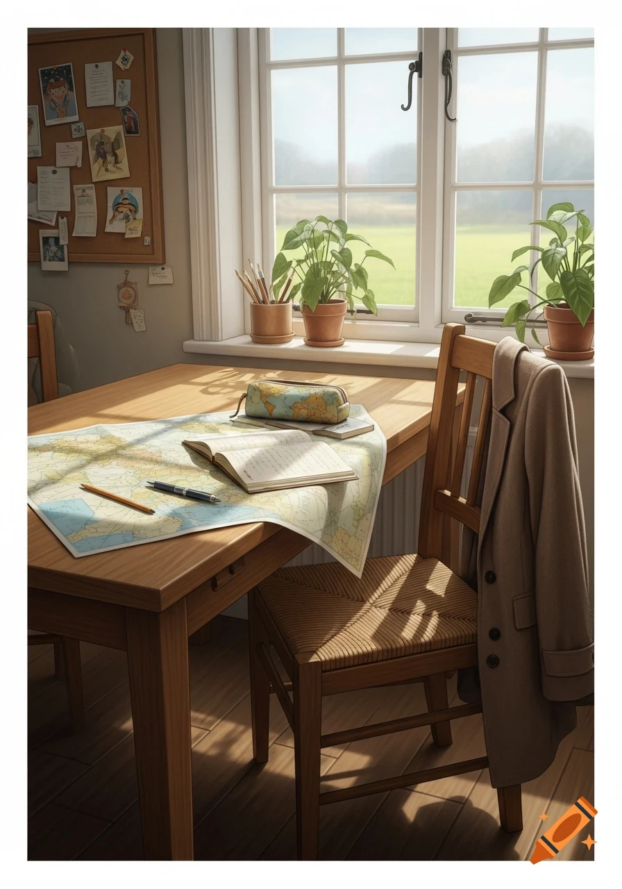 A sunlit room with a wooden table, a map, an open book, and a jacket draped over a chair, next to a window with potted plants.