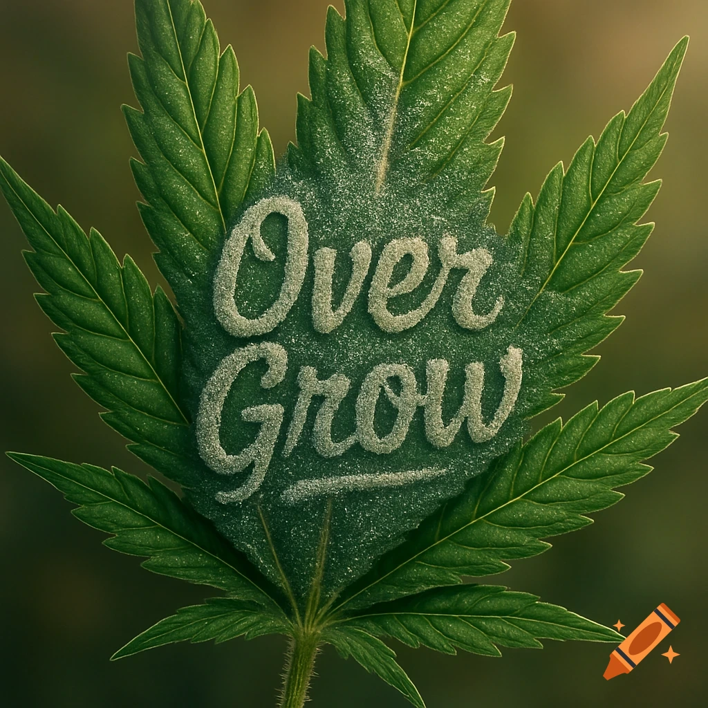 Close-up of a green cannabis leaf with 'Over Grow' text sculpted in a sparkling, trichome-like texture on its surface.