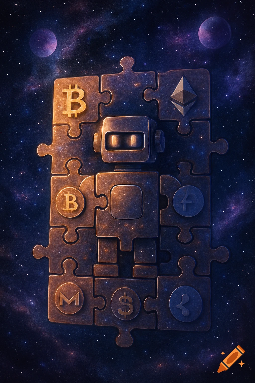 A robot made of puzzle pieces, each featuring a cryptocurrency symbol, floats in a starry galaxy with planets.