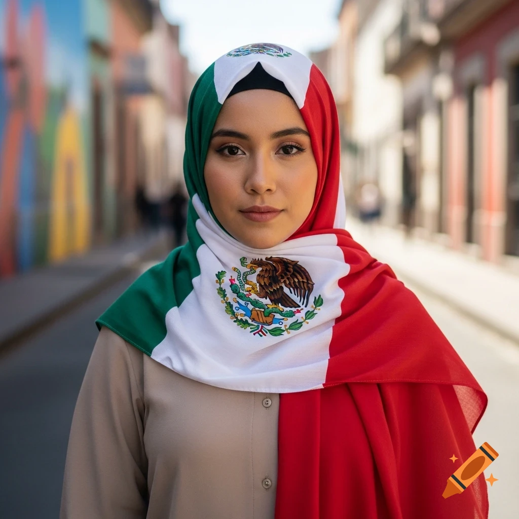 Young woman in a Mexican flag hijab and a beige shirt on a colorful street.