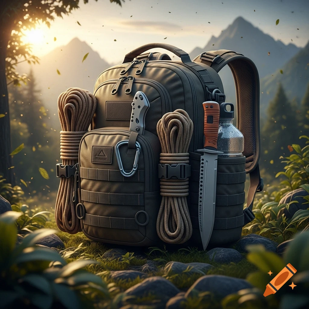 A detailed, photorealistic image of a tactical survival backpack equipped with ropes, knives, and a water bottle, set in a sunlit forest with mountains in the background.
