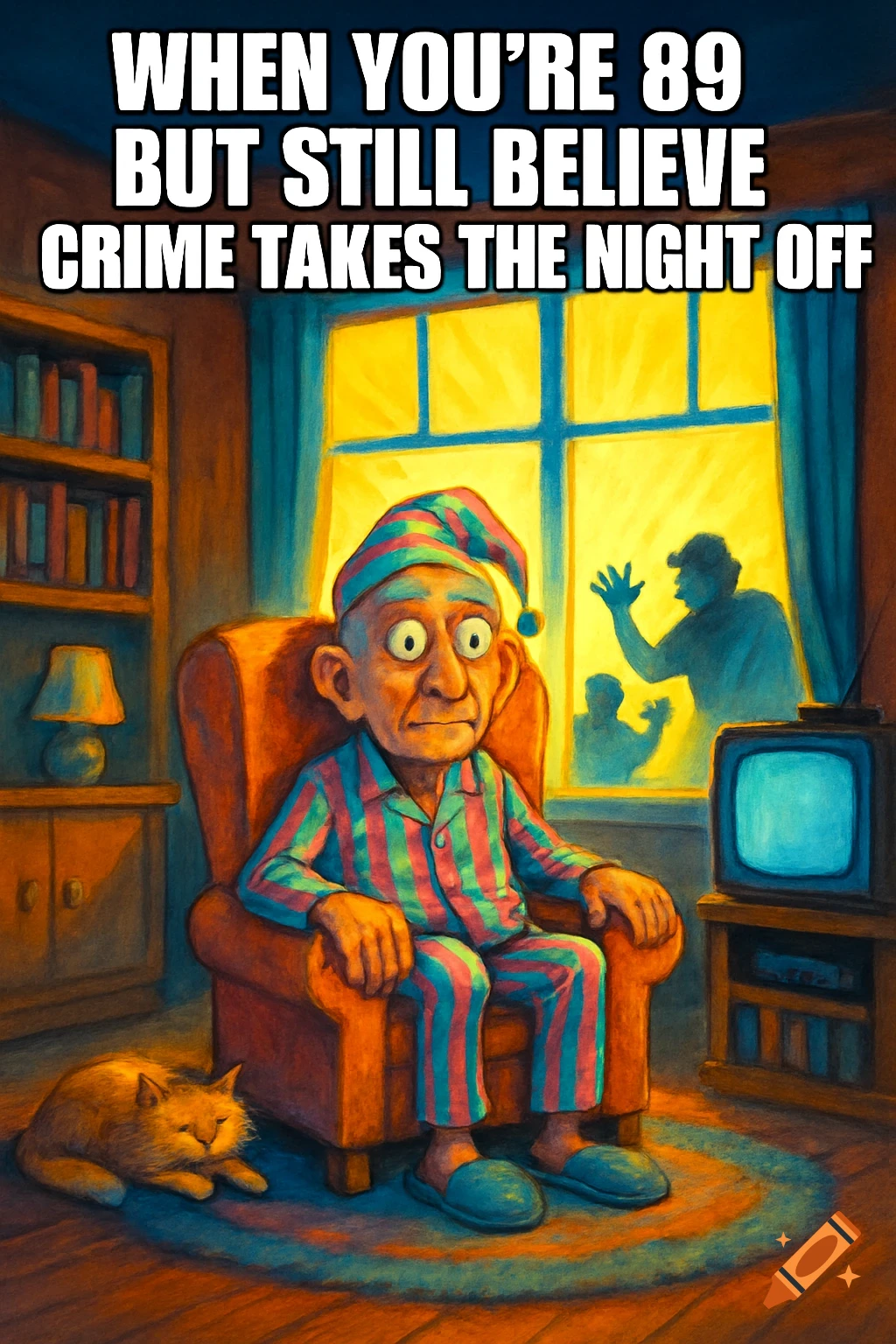 Cartoon old man in pajamas sits in an armchair with a cat, looking surprised at shadowy figures outside the window. Meme text at top.