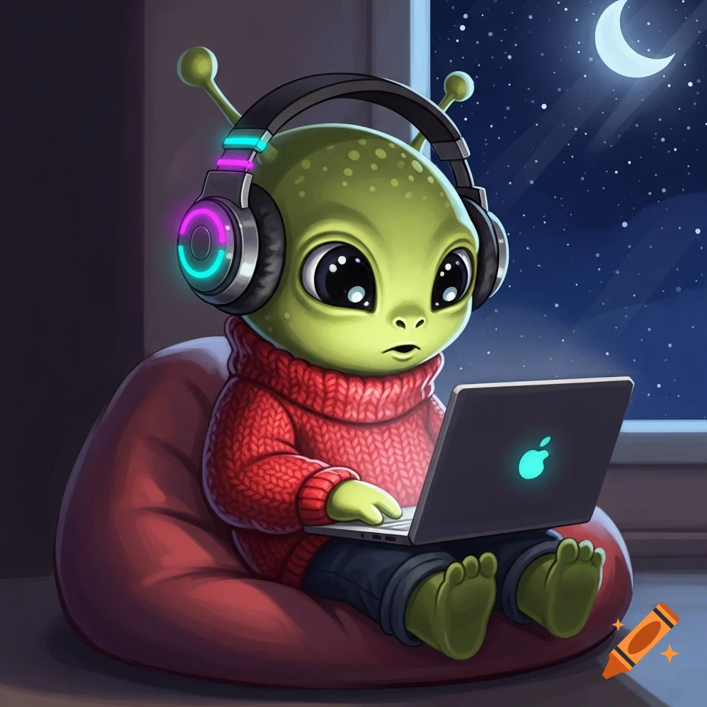 A cute green cartoon alien with big eyes, wearing glowing headphones and a red sweater, sits on a red bean bag while using a laptop at night.