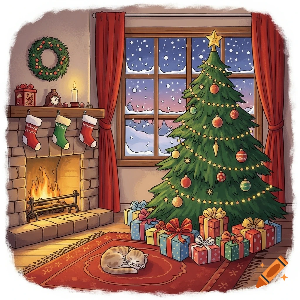 Cozy Christmas illustration of a living room with a decorated tree, glowing fireplace, sleeping cat, and snow falling outside.