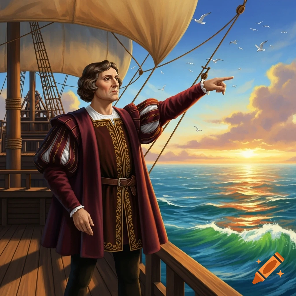 Painterly illustration of Christopher Columbus on a ship's deck, pointing towards the sunrise over the ocean.