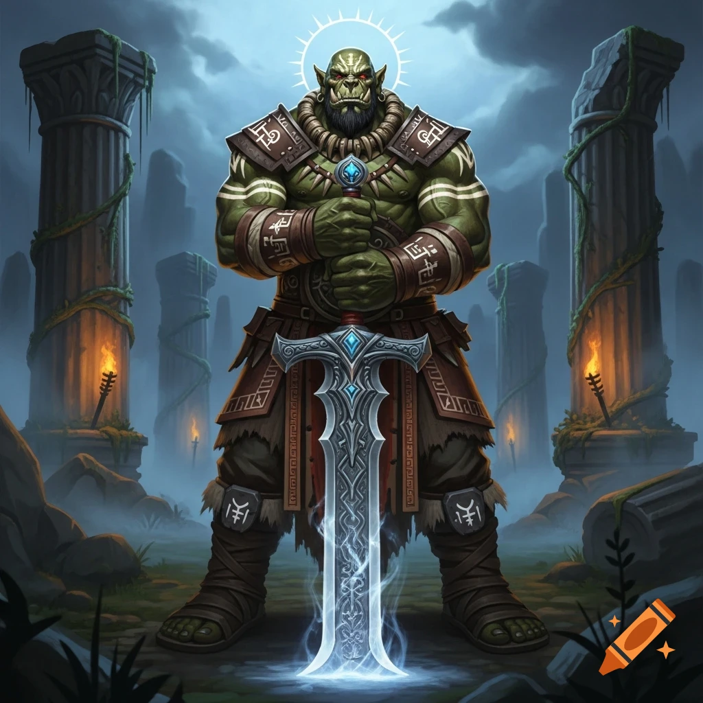 Powerful green-skinned orc warrior in tribal armor holding a glowing greatsword amidst ancient ruins, dark fantasy art style.