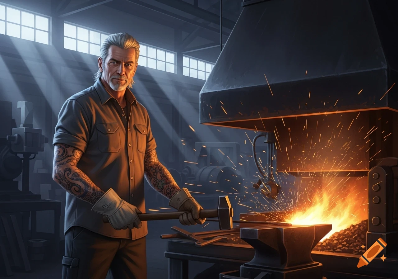 A silver-haired, tattooed man works as a blacksmith in a metal factory, hammering glowing metal on an anvil with sparks flying.