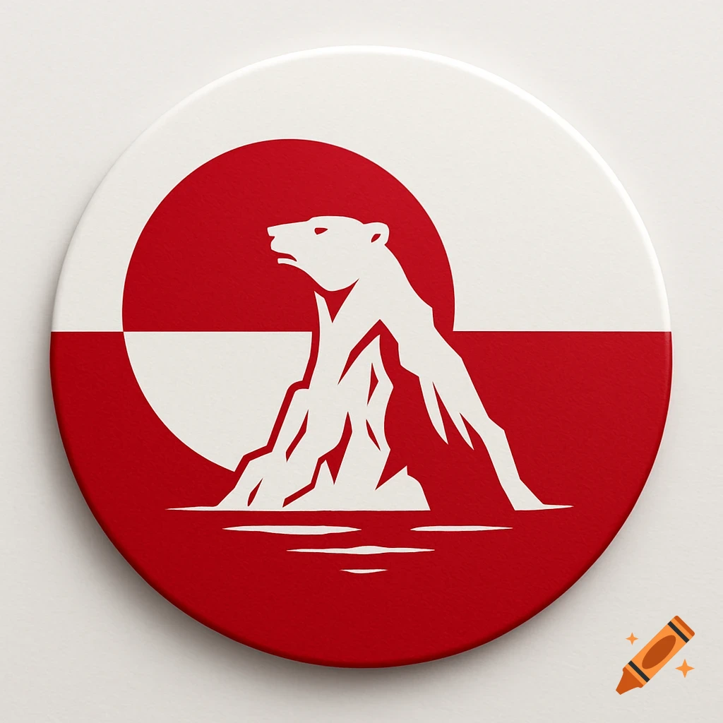 A minimalist circular badge with a white polar bear and iceberg silhouette against a red sun and red lower half.