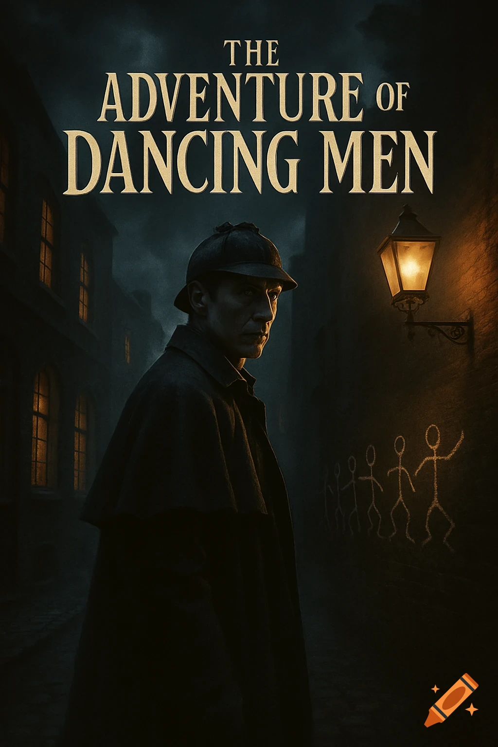 A detective in a coat and deerstalker hat stands in a dark alley with glowing street lamps and chalk stick figures on the wall, with "THE ADVENTURE OF DANCING MEN" title.