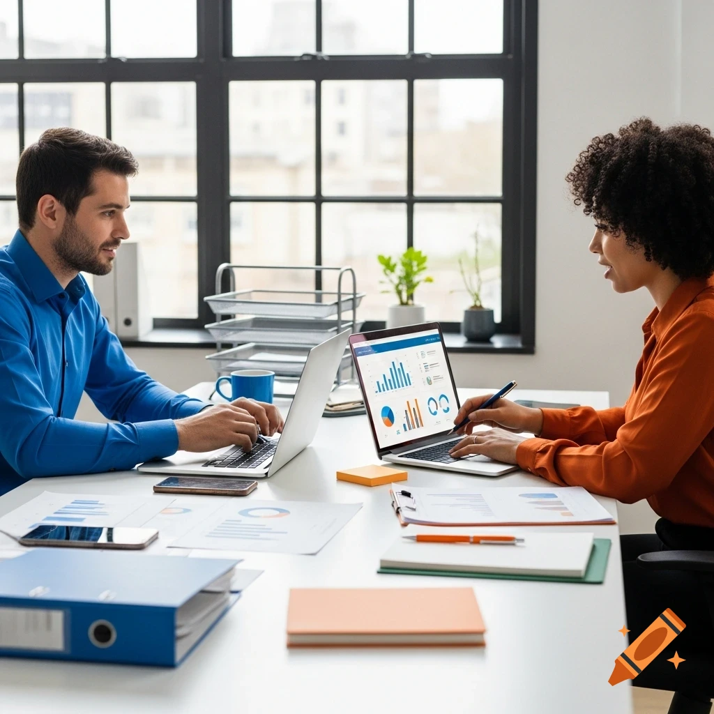 Two colleagues work on laptops at a modern office desk with charts and documents.