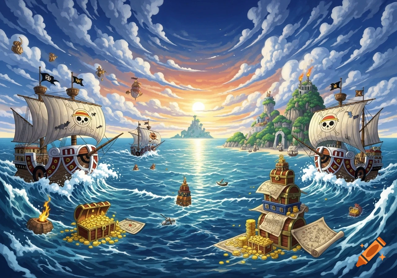 Vibrant anime landscape of the One Piece world with two pirate ships, a sunny ocean, islands, and treasure chests.