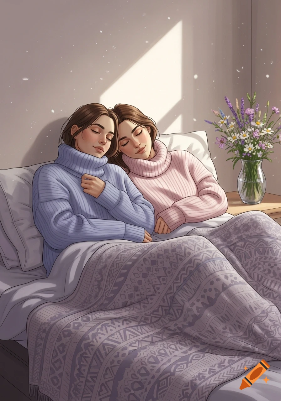 Two women with brown hair in turtleneck sweaters cuddle together in a sunlit bed with a patterned blanket.
