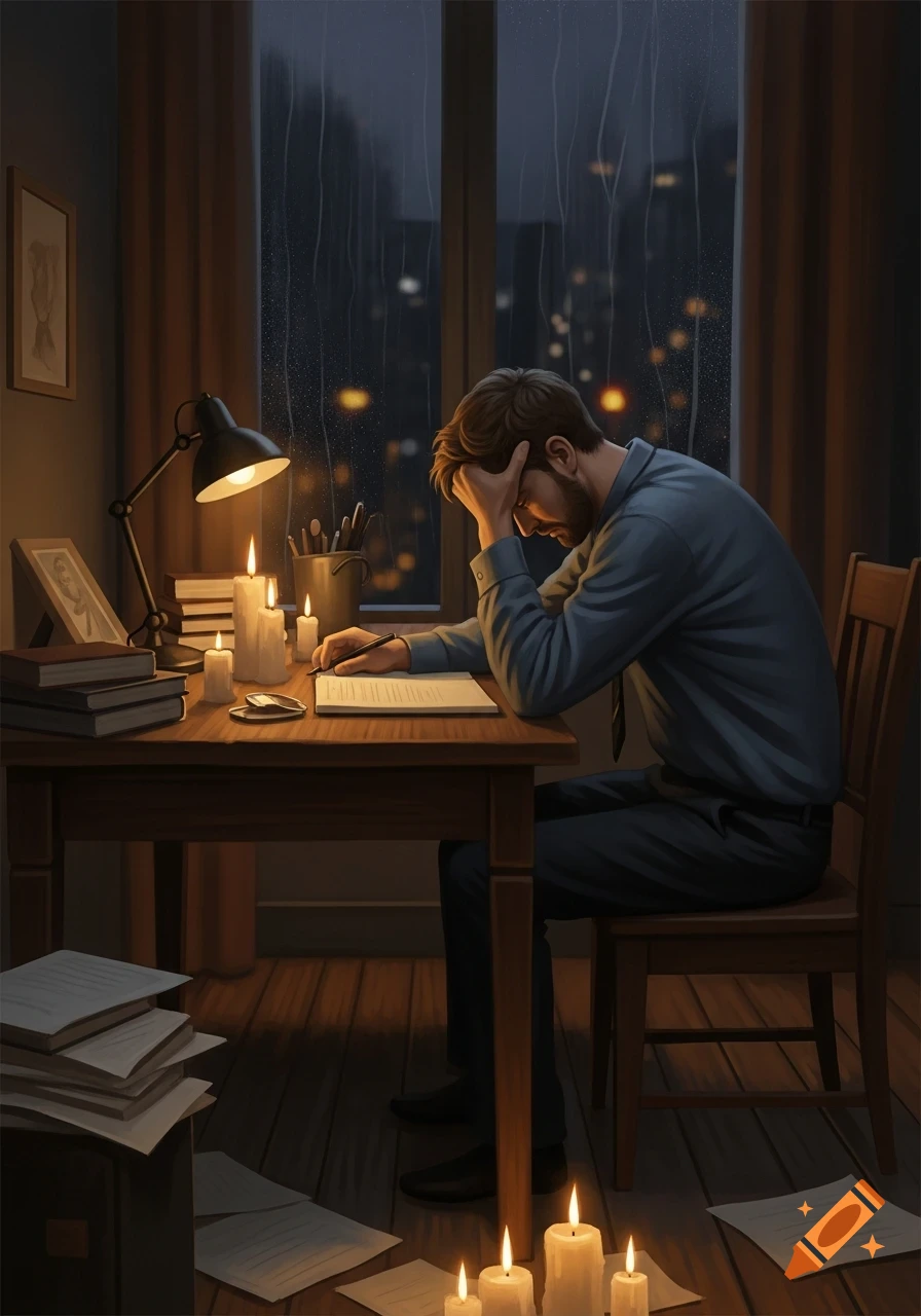 A frustrated man with his head in his hands sits at a candlelit desk with books and papers, as rain falls outside a window at night.