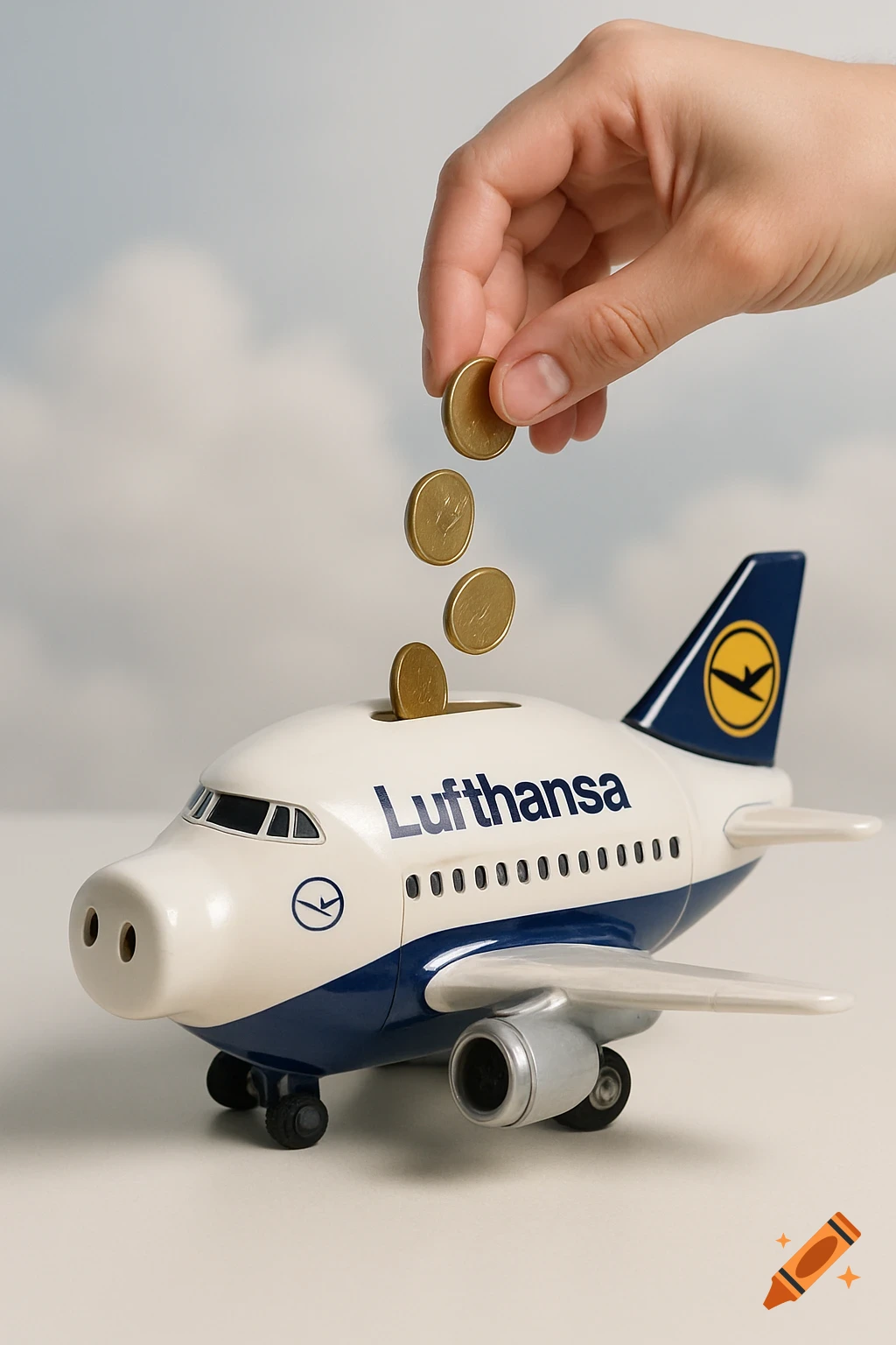 Hand dropping golden coins into a white and blue Lufthansa airplane piggy bank, photorealistic.