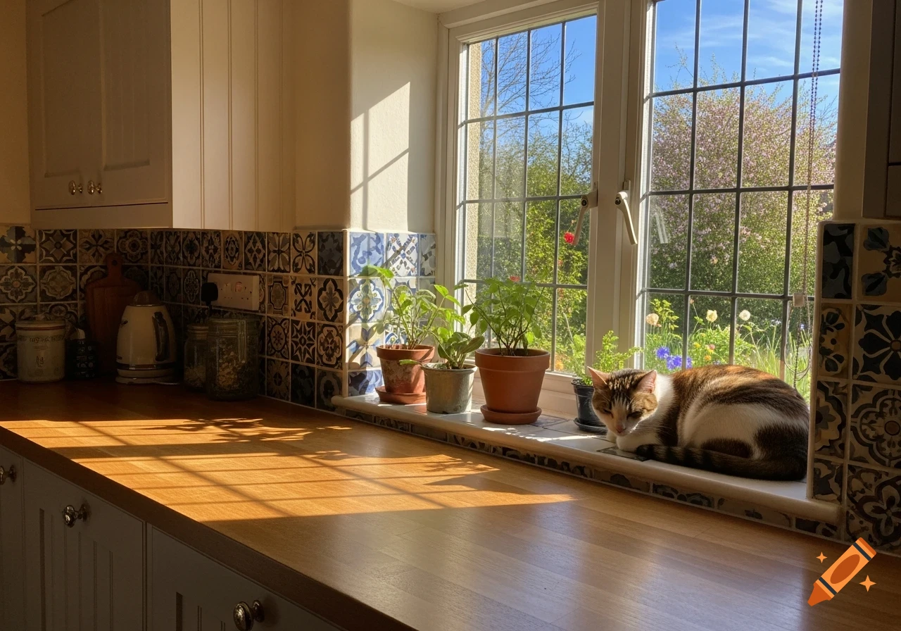 A tabby and white cat sleeps on a sunny kitchen windowsill with plants, patterned tiles, and a garden view.